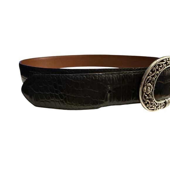 Womens Belt Black Faux Alligator Croc Leather Oval Silver Scroll Buckle XL 33-37 - Picture 5 of 8